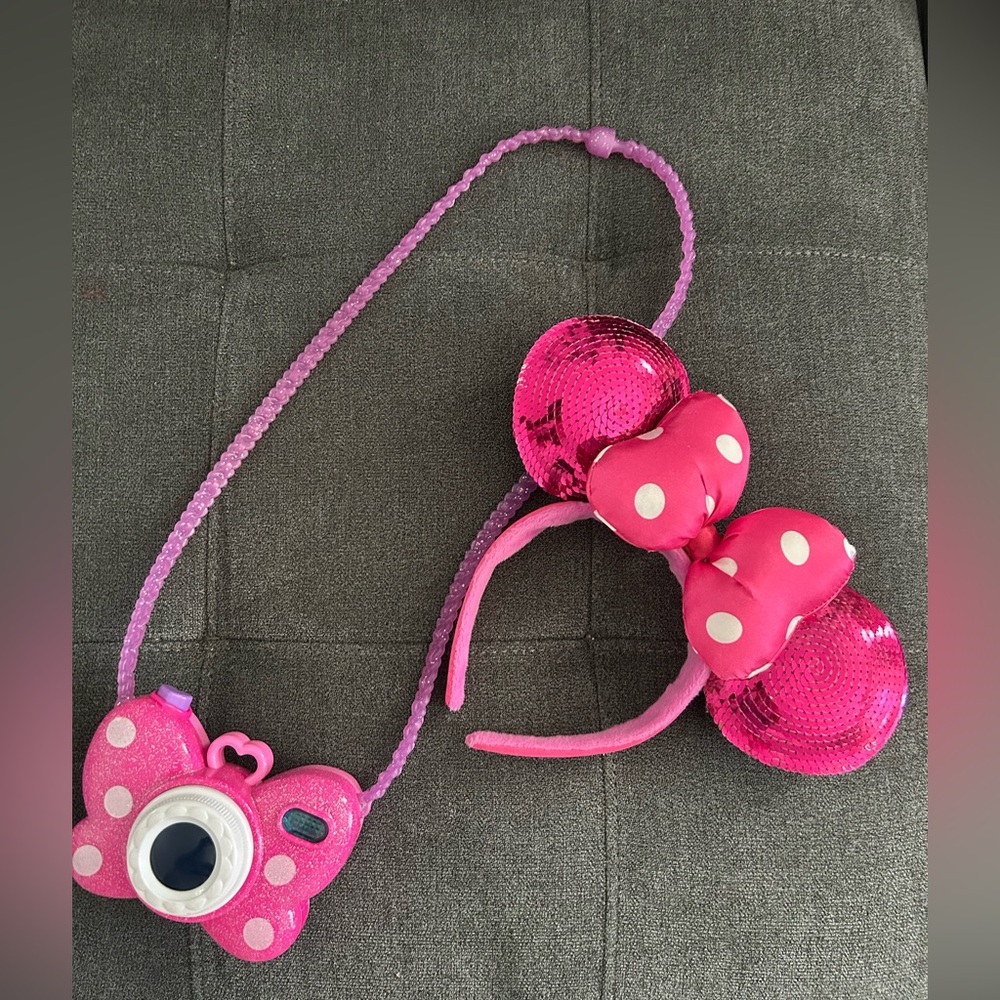 Pink Sequin Minnie Mouse Ears Headband and Minnie Mouse camera
